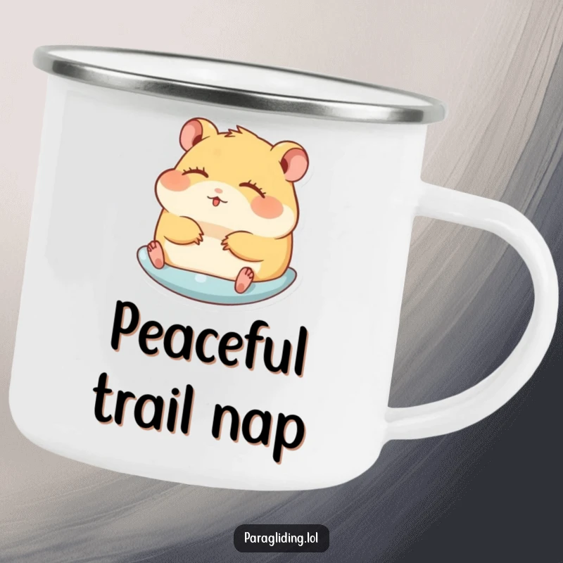 Funny camping mug showing a hamster gliding peacefully with closed eyes, ideal for outdoor humor and warm drinks.