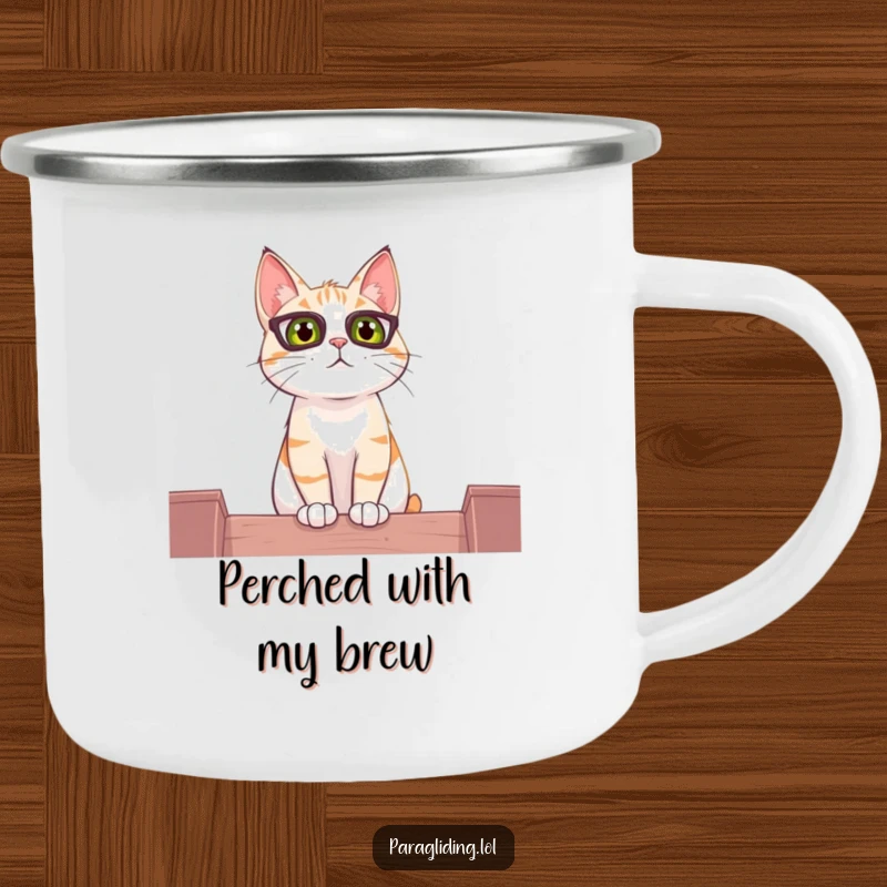 Funny camping mug with a curious cat observing the world from a high vantage point, perfect for outdoor drinks.