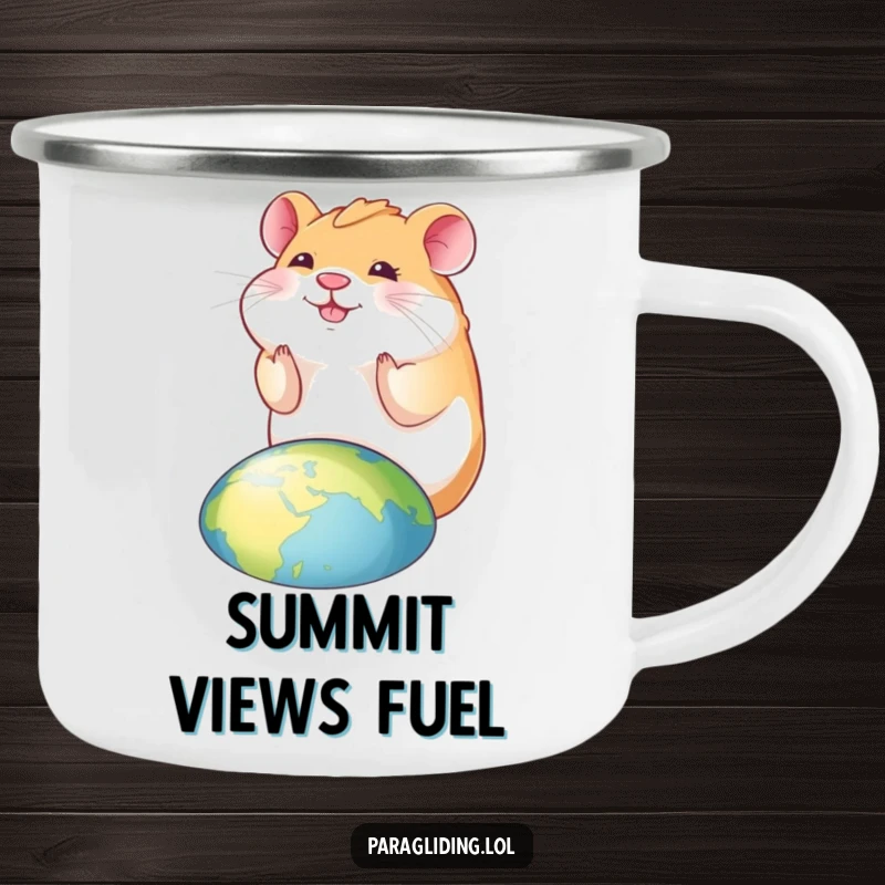 Funny hamster camping mug with a smiling hamster looking down at the world, for hilarious outdoor beverage enjoyment.