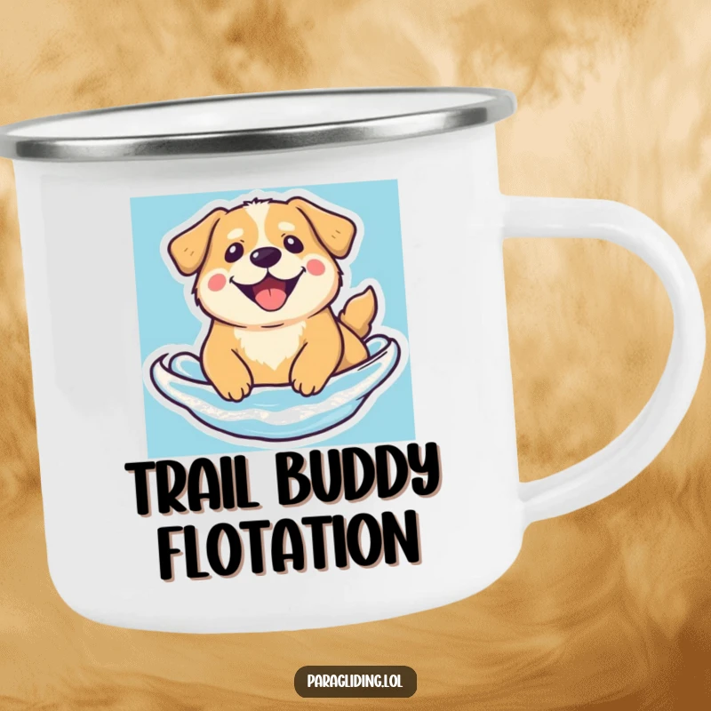 Funny floating dog camping mug, with a serene, beaming dog floating peacefully, built for outdoor relaxation.