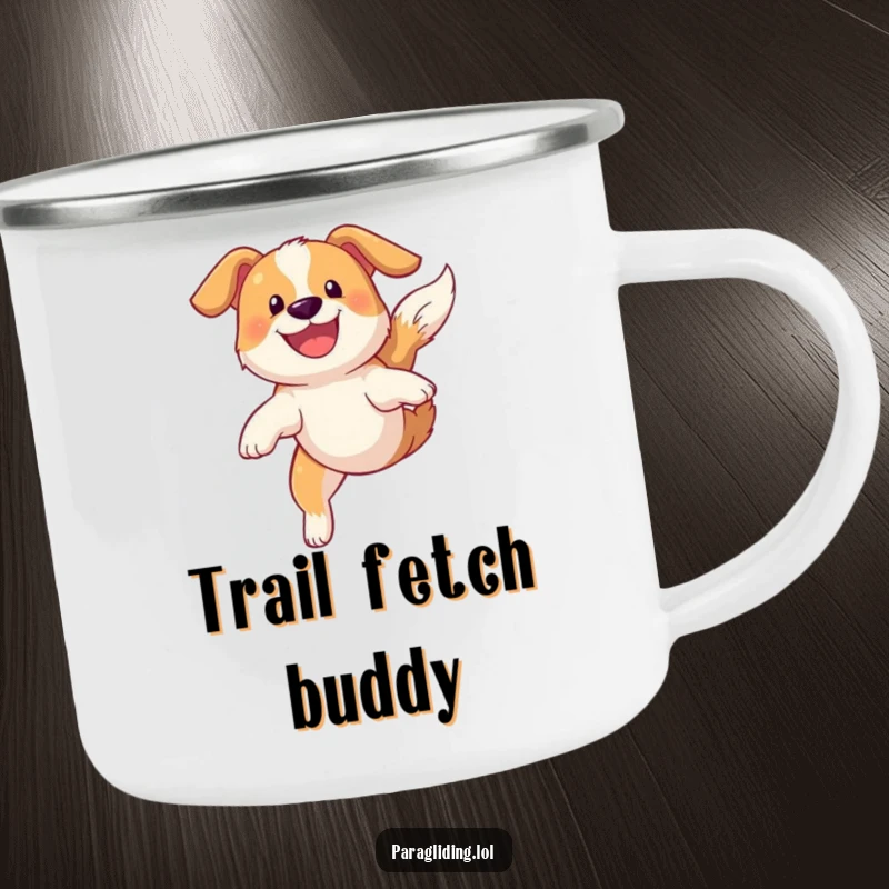 Funny camping mug featuring a grinning dog soaring gracefully through the sky, ready for outdoor adventures.