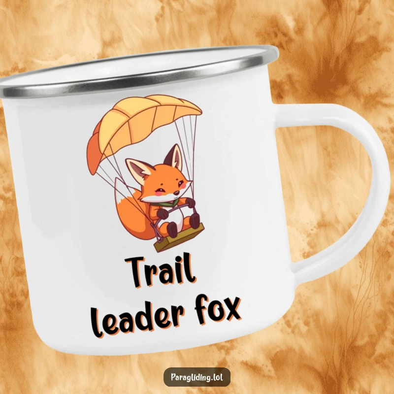 Funny determined fox camping mug, with a fox concentrating and steering a paraglider, built for focused outdoor trips.