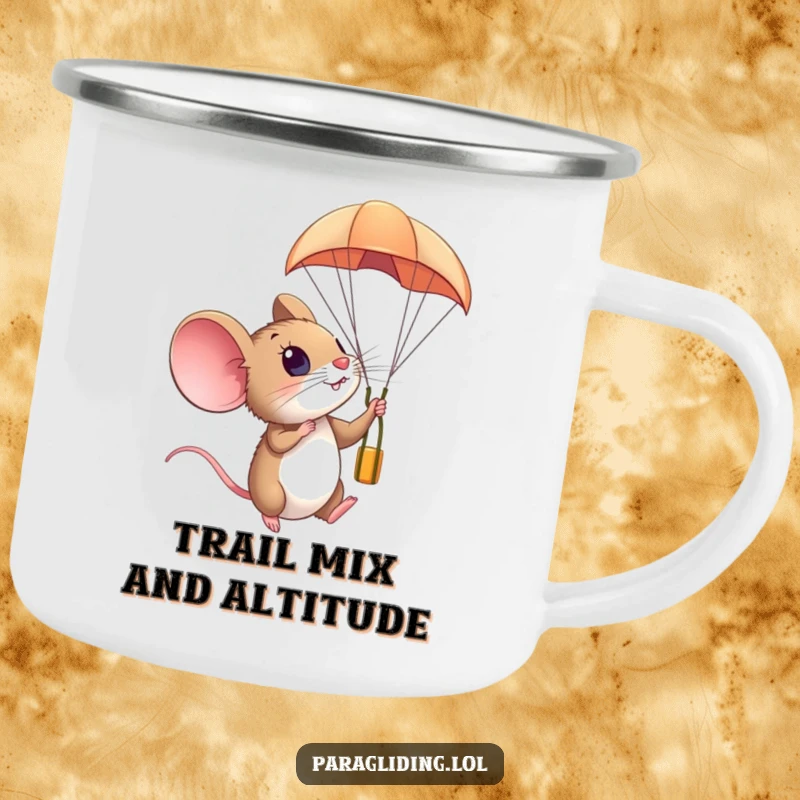 Funny camping mug with a small mouse looking amazed from a paraglider, high in the sky, for outdoor enjoyment.