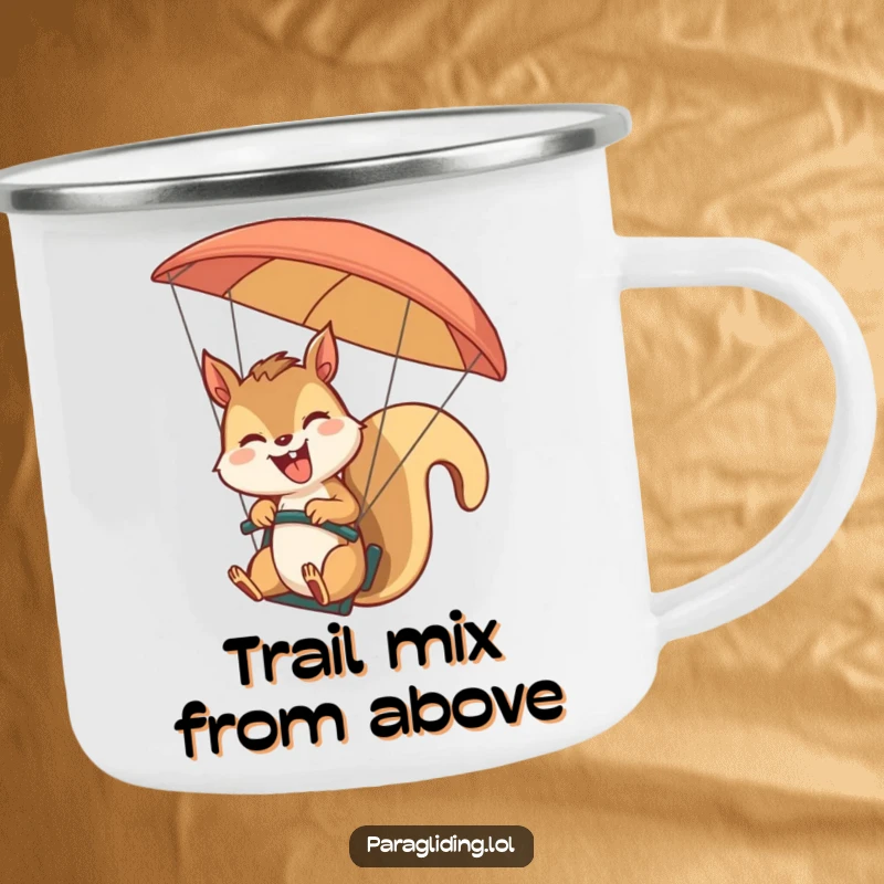 Funny giggling squirrel paragliding and waving on a durable camping mug. A cheerful and rugged funny gift for outdoor lovers.
