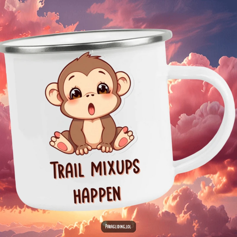 Funny camping mug with a silly monkey looking utterly surprised, as if it’s about to fall, ready for outdoor fun.