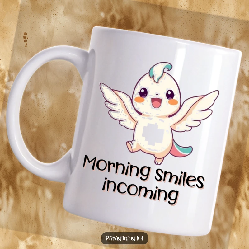 Funny winged creature mug, smiling angel gracefully descending with pure happiness, a delightful and humorous gift idea.