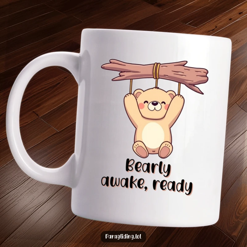 Funny bear mug featuring a proud bear peacefully suspended in the air, exuding hilarious calm and relaxation.