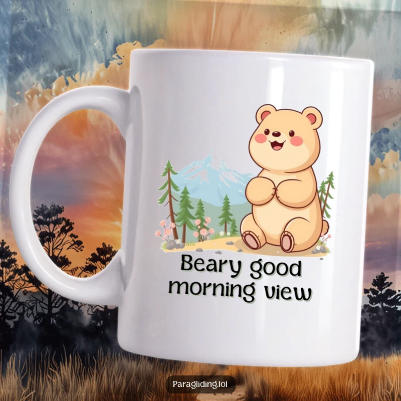 Funny mug featuring a beaming bear happily enjoying a breathtaking, serene mountain vista, a perfect nature lover's item.