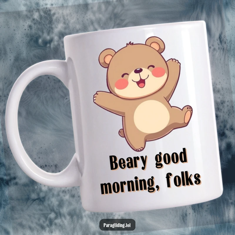 Funny playful bear bobs joyfully in the air, mid-paraglide, radiating pure, unadulterated happiness and fun.