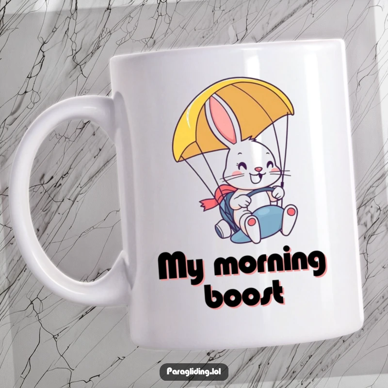 Funny mug with a determined, smiling bunny character confidently steering a paraglider with a wide grin, symbolizing fearless adventure.