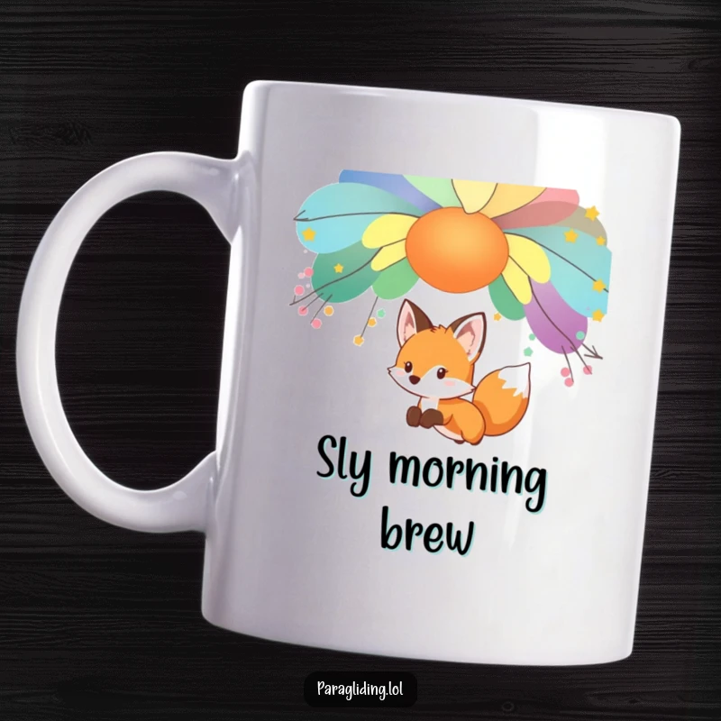 Funny curious fox, gliding gently under a colorful canopy, with an intrigued expression, perfect for a funny gift mug.