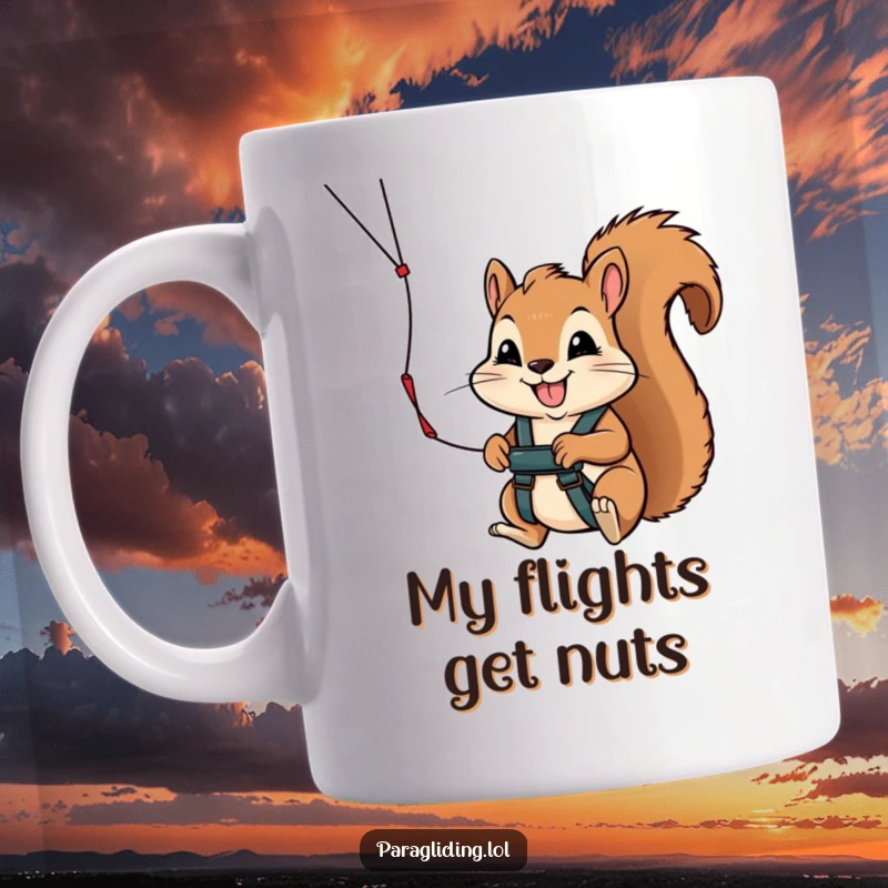 Funny mug showing a determined squirrel grinning widely while firmly gripping a paraglider handle, ready to soar with infectious enthusiasm.