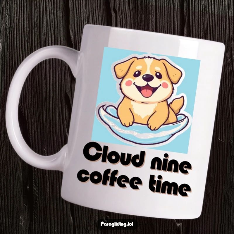 Funny floating dog mug, a happy dog beaming serenely as it floats peacefully in the vast blue.