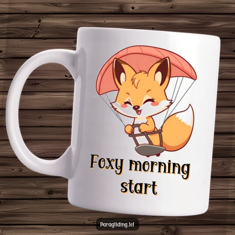Funny Fox Mug: A bouncy fox with a smile, skillfully steering a paraglider, embodying playful adventure and grace.