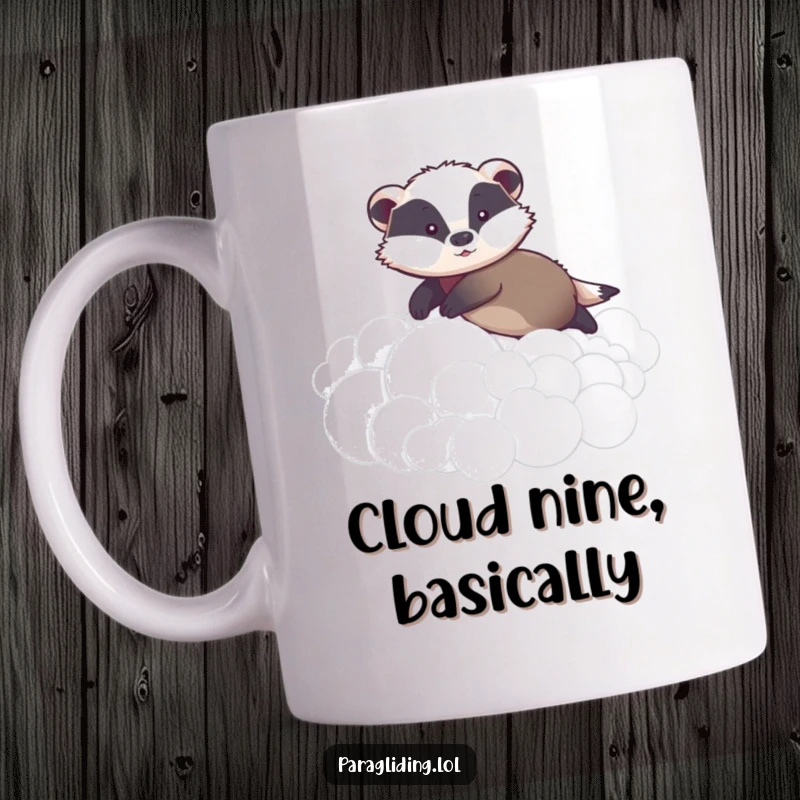 Funny mug depicting a graceful badger gently gliding over soft, fluffy clouds with a serene and slightly amused expression.