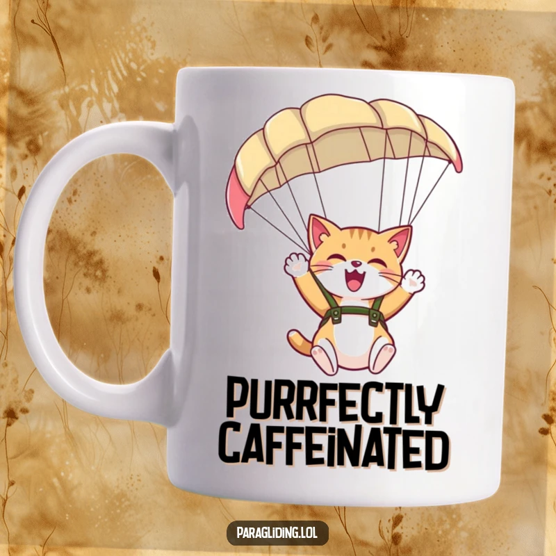 Funny mug featuring a giggling cat waving excitedly from under a paraglider canopy, perfect for joyful adventures.