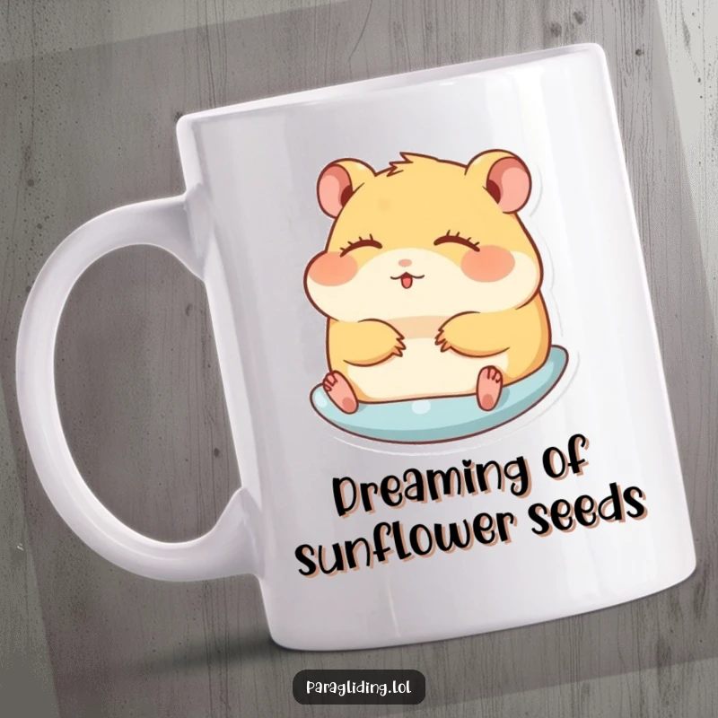 Funny mug featuring a hamster peacefully gliding with closed eyes, embodying ultimate relaxation and a humorous escape.
