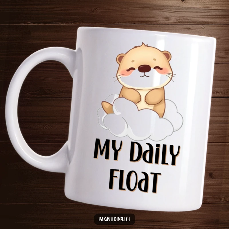 Funny mug with a happy, fluffy otter drifting peacefully among soft, fluffy clouds, symbolizing serenity and contentment.