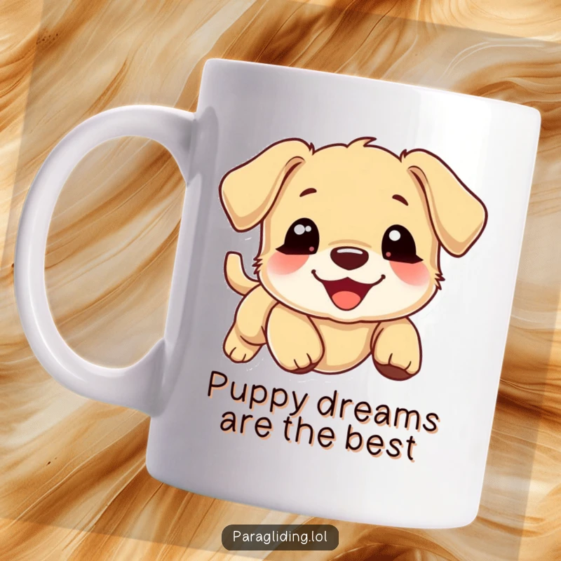 Funny puppy mug, delighted puppy smiling, drifting gently downward on a fluffy cloud, whimsical and joyful illustration.