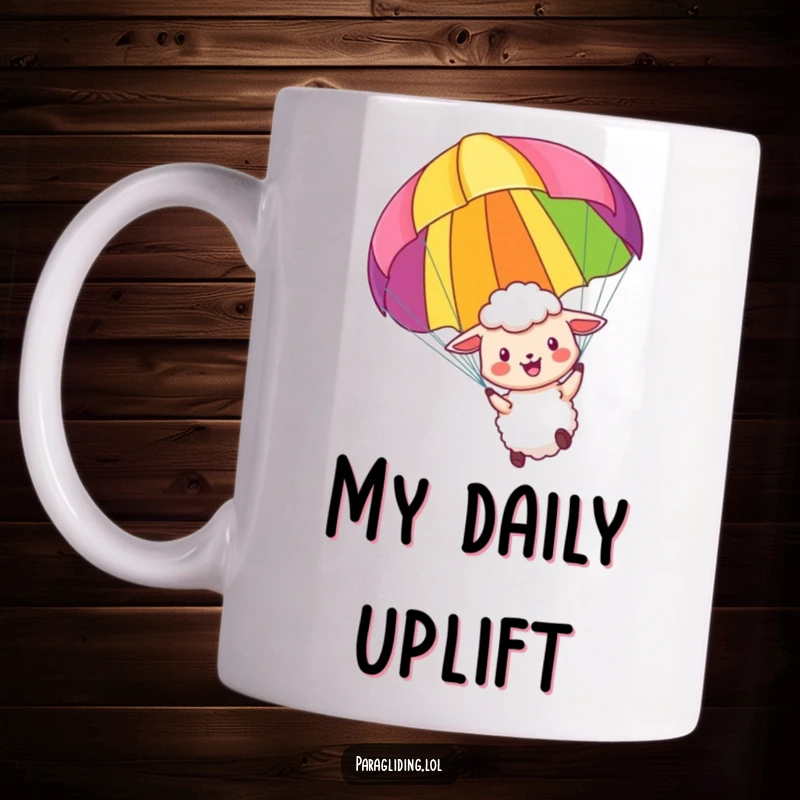 Funny mug featuring a little sheep joyfully paragliding with a colorful paraglider, embodying carefree and humorous adventure.