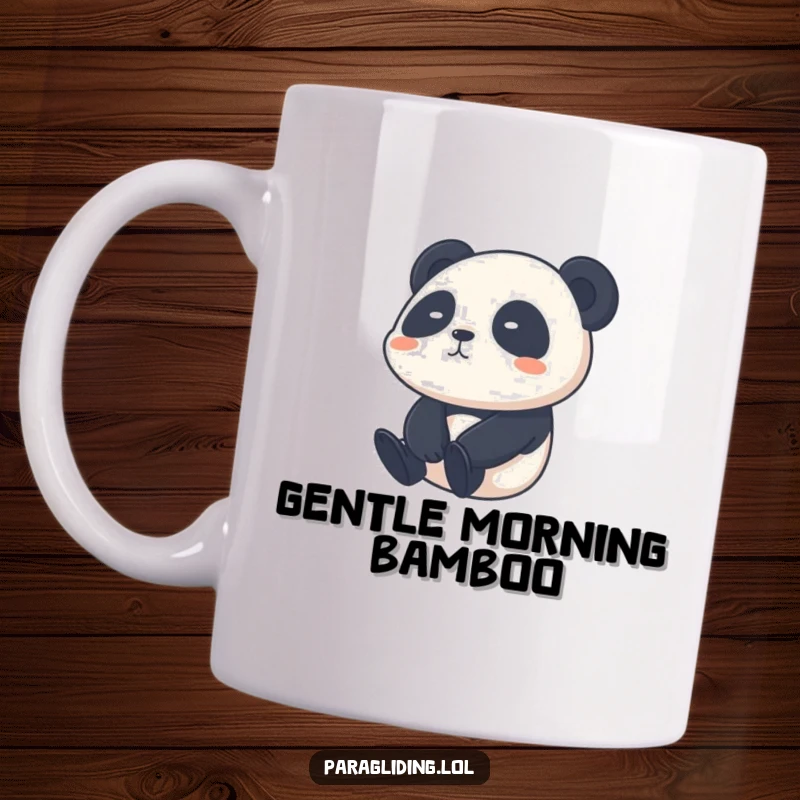 Funny shy panda mug, a cute panda calmly drifting through the sky with a bashful expression.