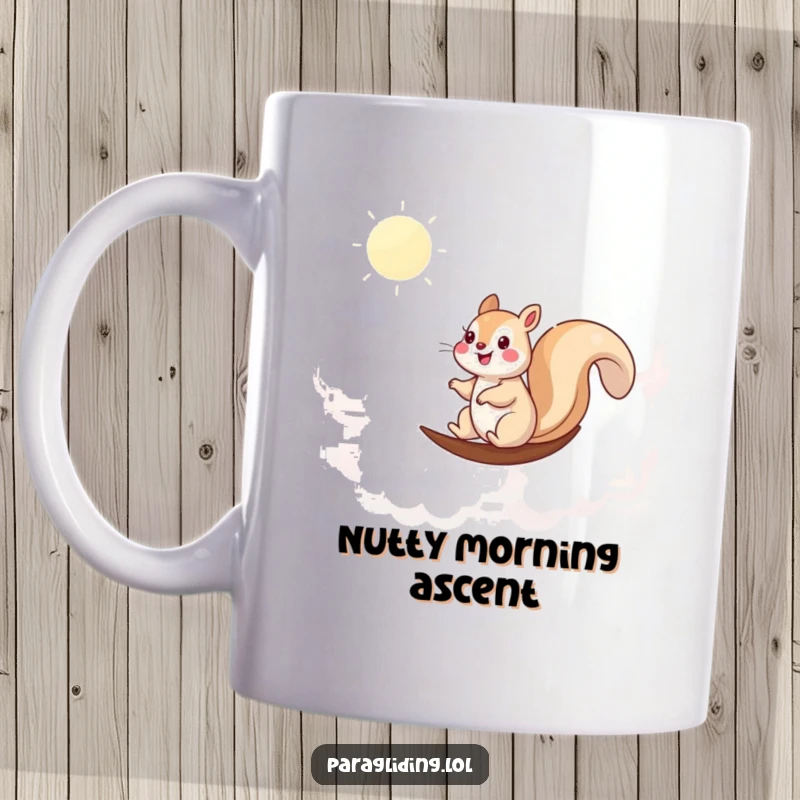 Funny mug featuring a happy squirrel sailing peacefully through fluffy white clouds, a serene and whimsical scene.