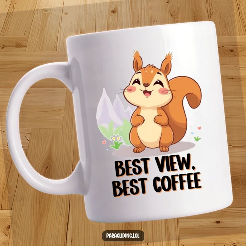 Funny mug with a cheerful squirrel sitting high up, joyfully taking in the expansive view.
