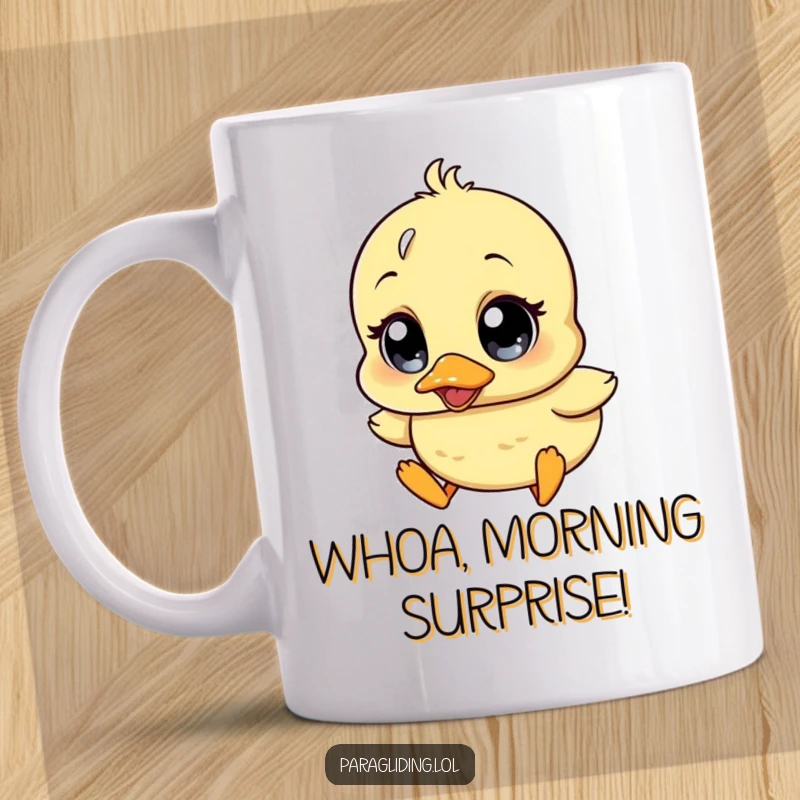 Funny coffee mug featuring a wobbly duckling character drifting downwards with comically surprised wide eyes, conveying innocent panic.