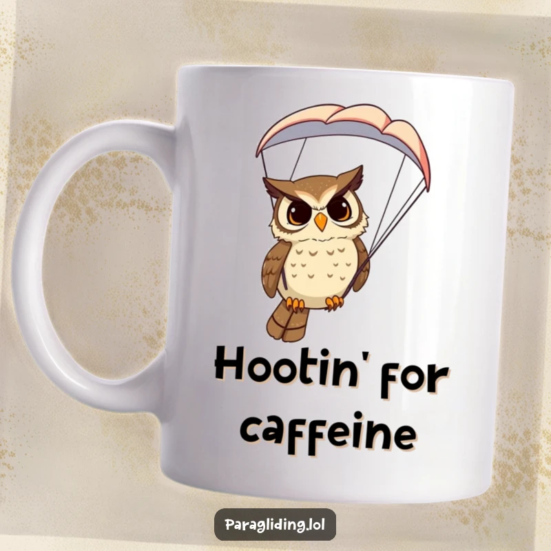 Funny Owl Mug: A determined owl character observing the world from a high paraglider, embodying wisdom and aerial adventure.