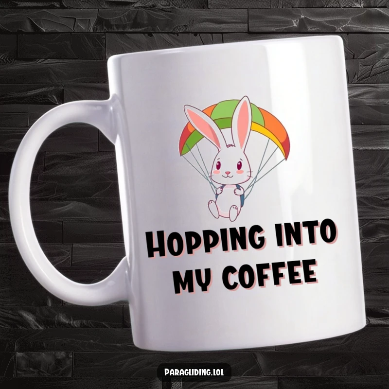 Funny curious rabbit looks down from a colorful paraglider, exploring the world with wide-eyed wonder.