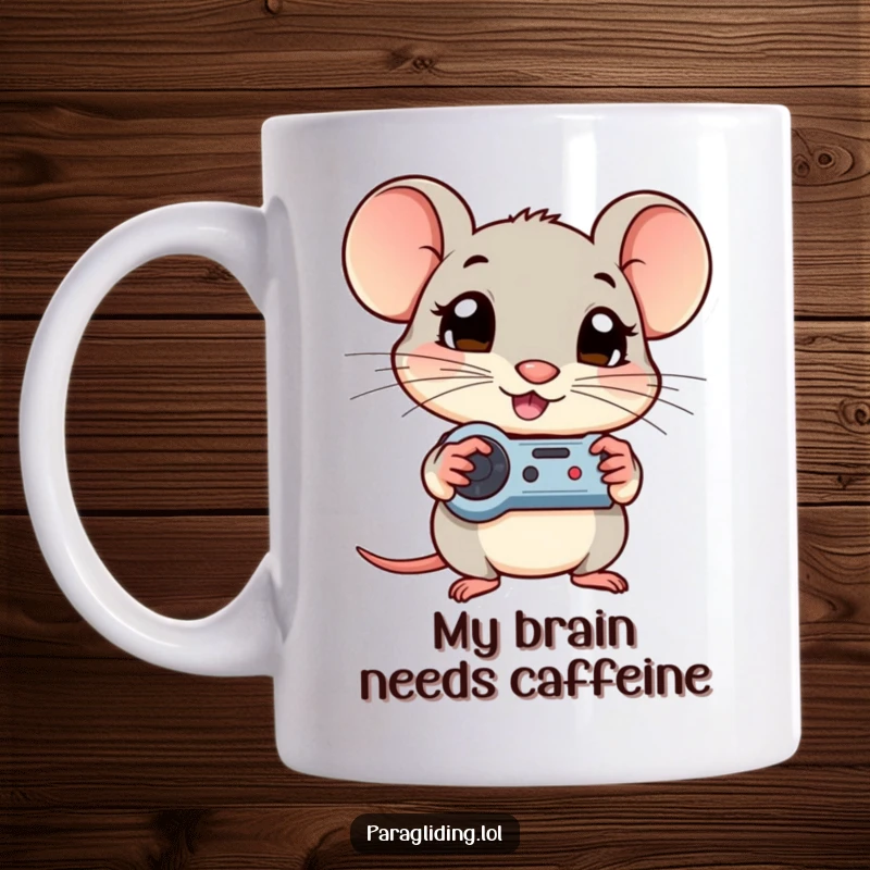 Funny mug featuring a shy, wide-eyed mouse intensely gripping its game controller, ready for action.