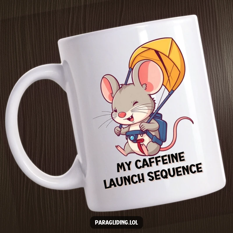Funny paraglider mouse mug: a determined rodent gripping handles, ready for a thrilling flight, symbolizing courage and excitement.