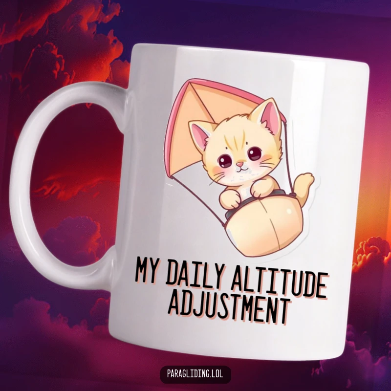 Funny Kitten Paraglider Mug showing a curious kitten gently drifting in the sky, enjoying an aerial adventure with a happy expression.