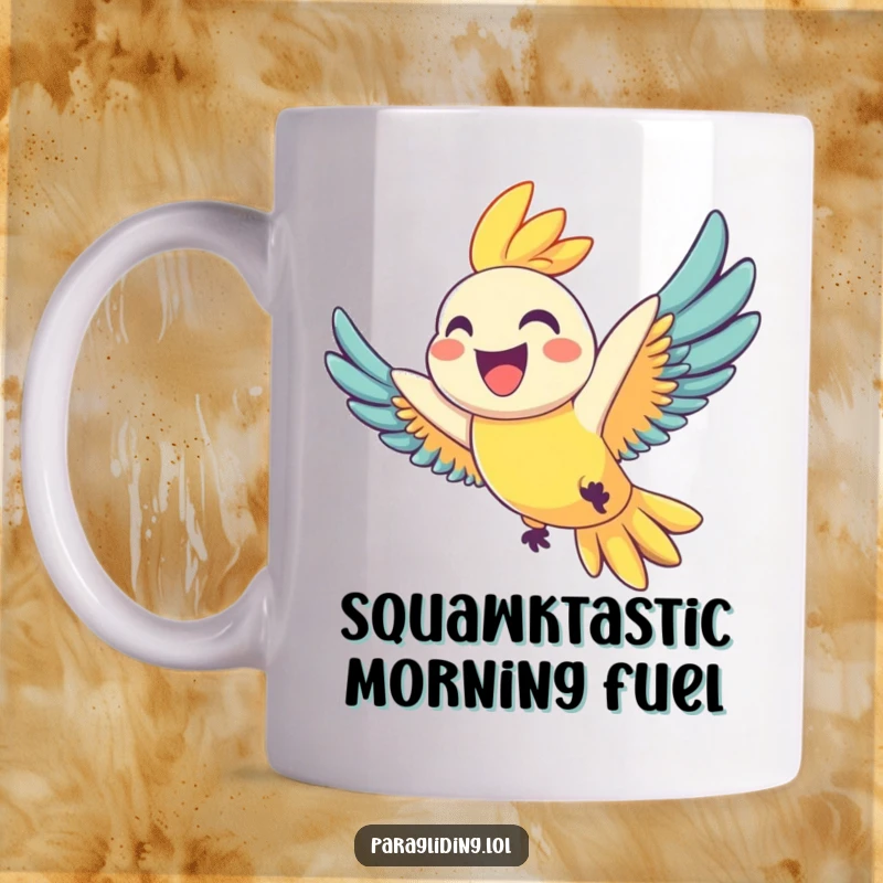 Funny mug with a joyful parrot grinning widely as it soars through the sky, radiating pure happiness, a delightful funny gift.