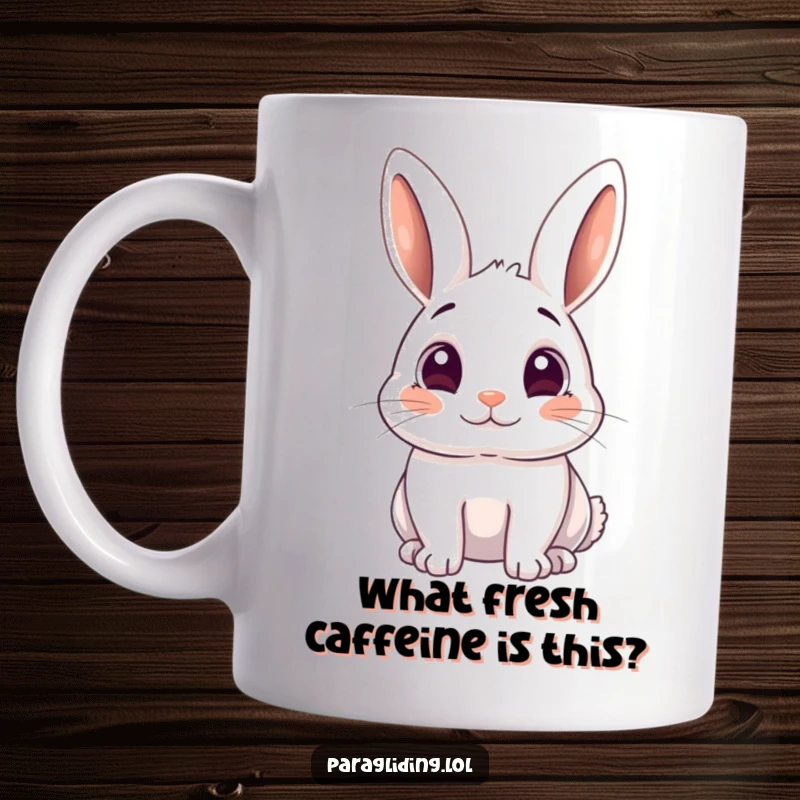 Funny mug with a playful rabbit looking down with huge, amazed eyes, showing shock and curiosity.