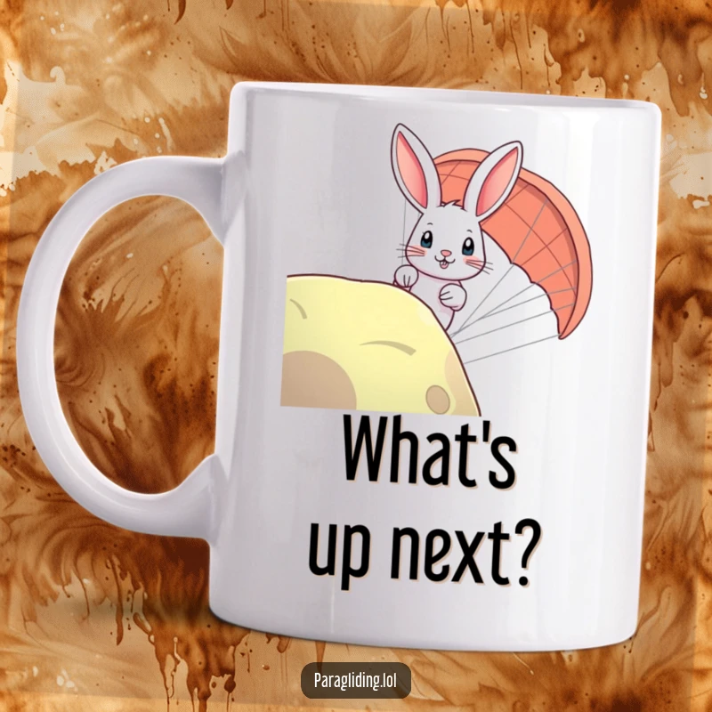 Funny rabbit peeking over a paraglider's edge mug, showing a curious bunny's adventurous spirit with a humorous twist.