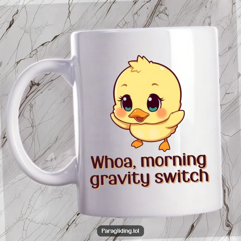 Funny mug with a wobbly duckling with wide, surprised eyes drifting downwards, embodying comical helplessness and cuteness.
