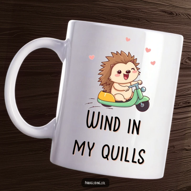Funny mug showing a contented hedgehog with closed eyes enjoying a windy ride, radiating happiness and peaceful delight.