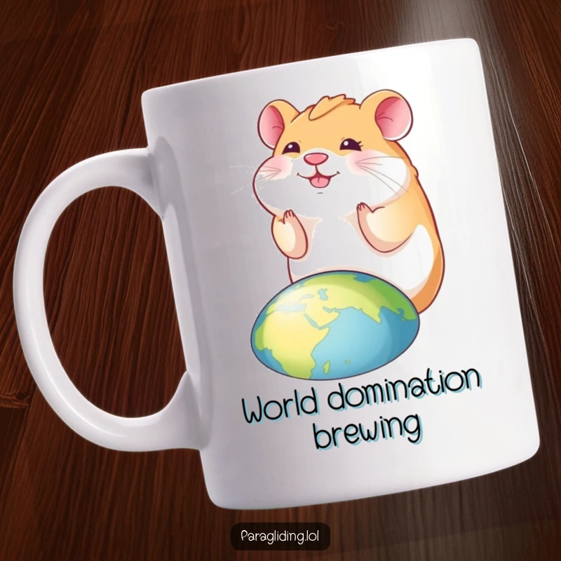 Funny hamster mug featuring a smiling hamster looking down at the world with pure joy and amusement.