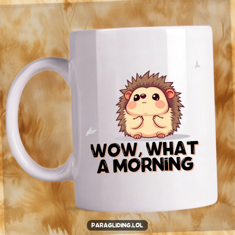 Funny mug featuring a hedgehog looking awestruck at a magnificent view below, embodying wonder and humor.