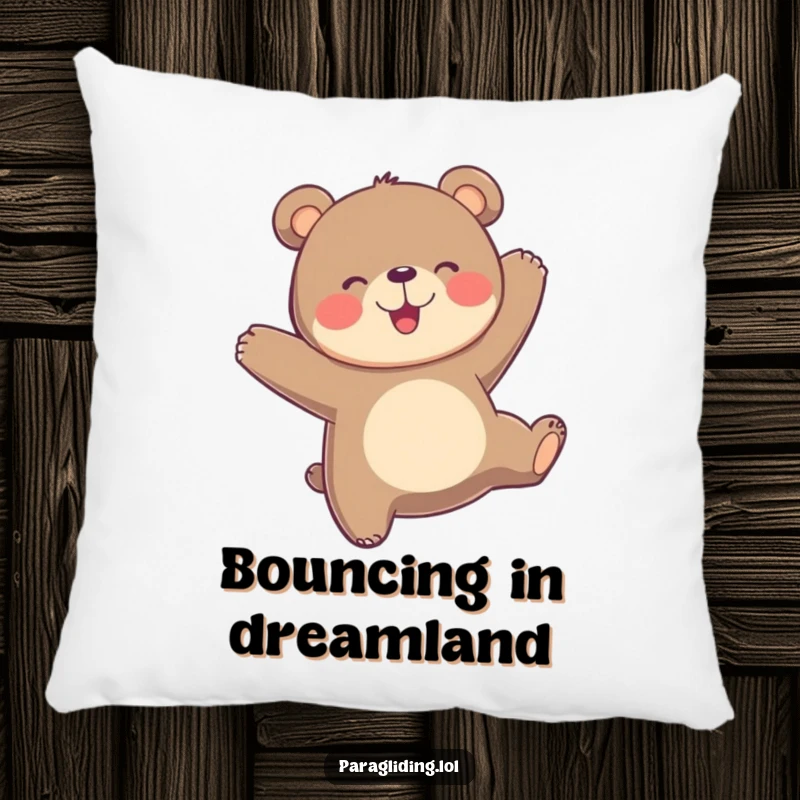 Funny playful bear bobs joyfully in the air on a soft pillow, bringing airborne joy and comfort to any space.