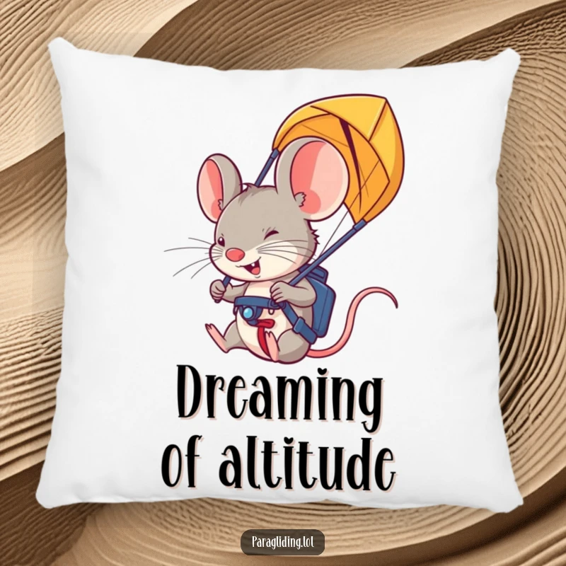 Funny paraglider mouse pillow: a soft cushion displaying a determined mouse in a paraglider, adding humor and comfort.
