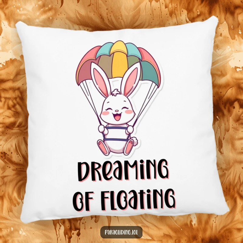 Soft funny pillow featuring a cheerful bunny paragliding, perfect for adding comfort and whimsical decor.