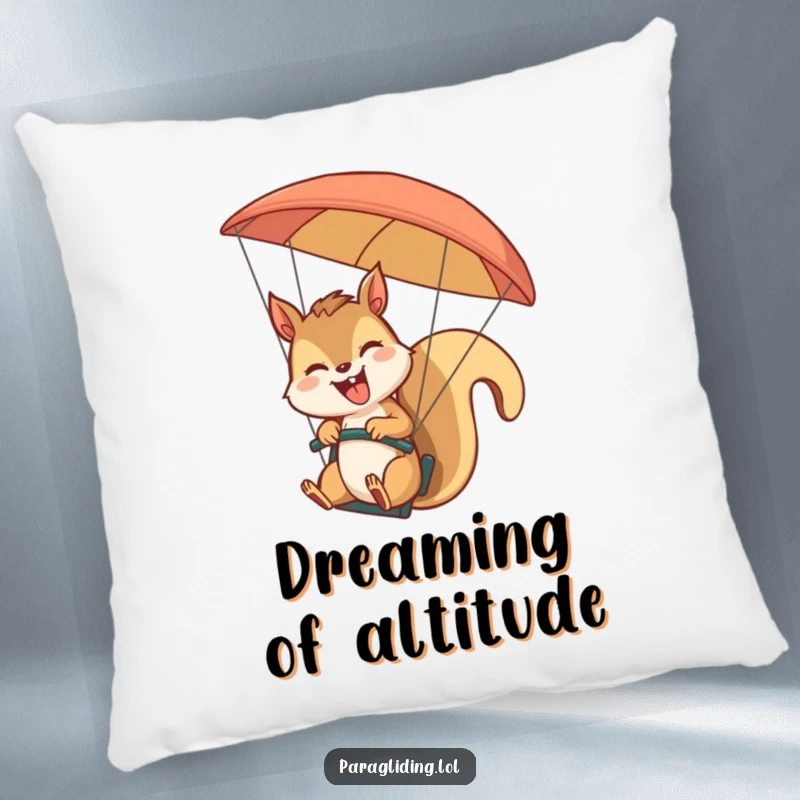 Funny giggling squirrel paragliding and waving on a soft, comfortable pillow. A cheerful and cozy funny gift.