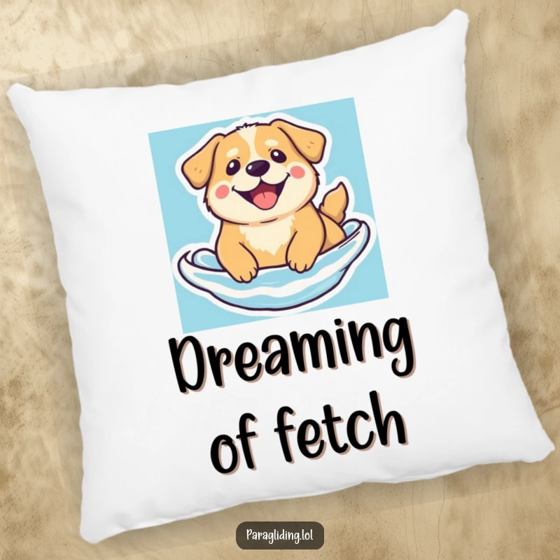 Funny floating dog pillow, featuring a soft, beaming dog floating serenely, bringing comfort and humor.
