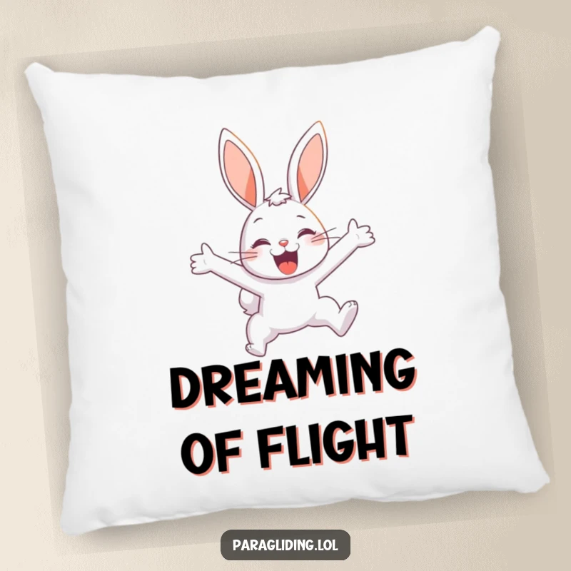 Funny pillow featuring a delighted bunny soaring through the sky, offering humorous comfort and a feeling of blissful flight.