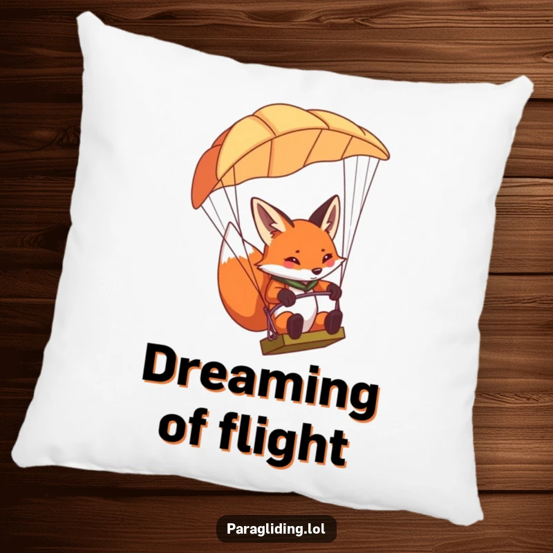 Funny determined fox pillow, featuring a fox concentrating intently while steering a paraglider, bringing cozy focus.