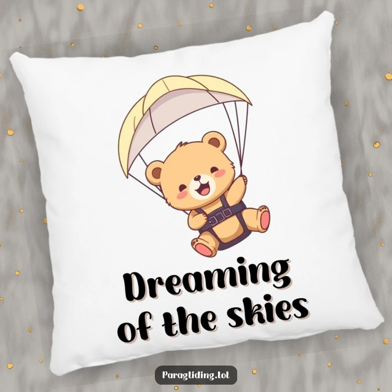 Funny bear cub paraglider pillow showcasing a cub's joyful ascent, offering comfort and a unique touch of humor.