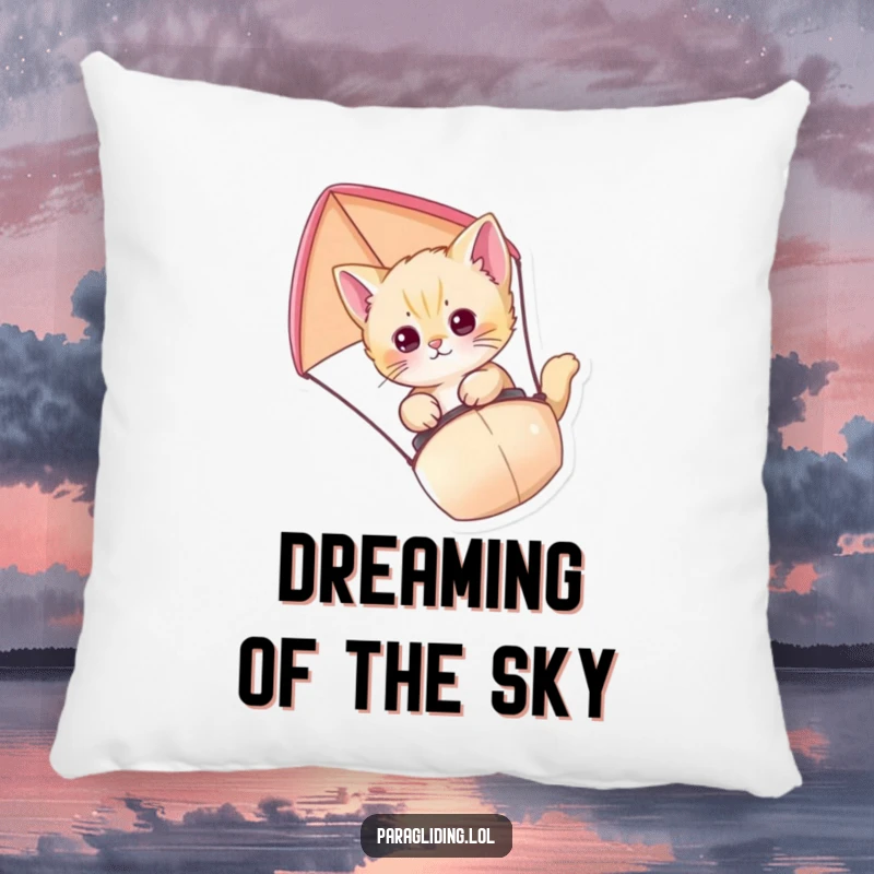 Funny Kitten Paraglider Pillow with a curious kitten gently drifting on a paraglider, offering a soft and humorous touch.