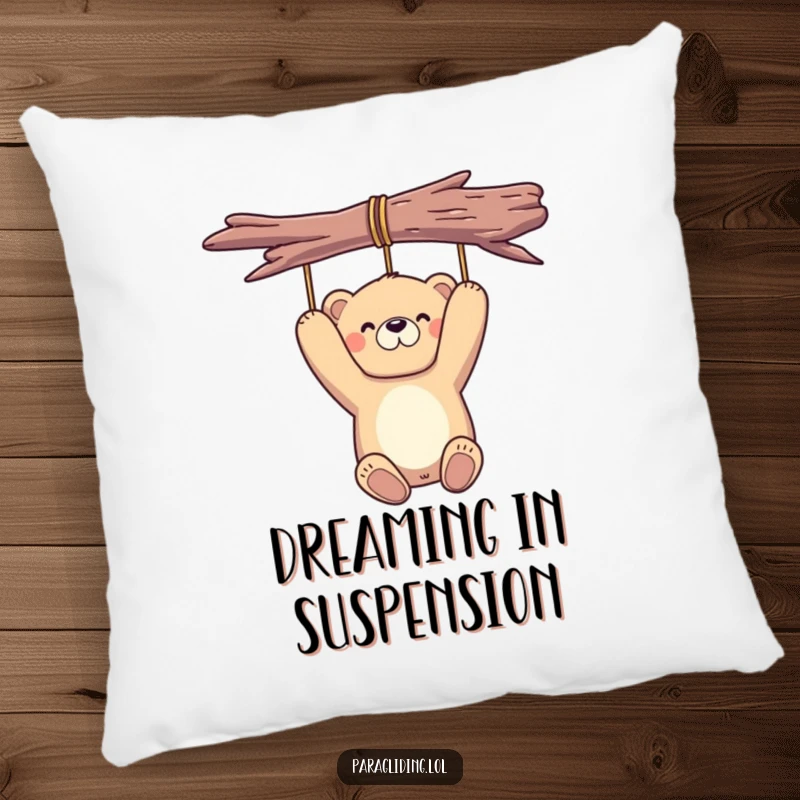 Funny bear pillow featuring a proud bear suspended in the air, offering soft, hilarious comfort and a touch of peace.
